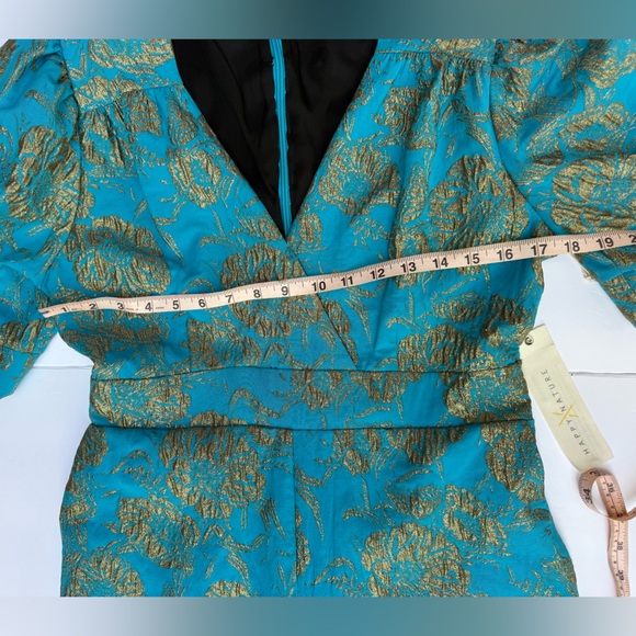 NWT Happy x Nature by Kate Hudson Teal & Gold Brocade Puff Sleeve Jumpsuit - Picture 6 of 15
